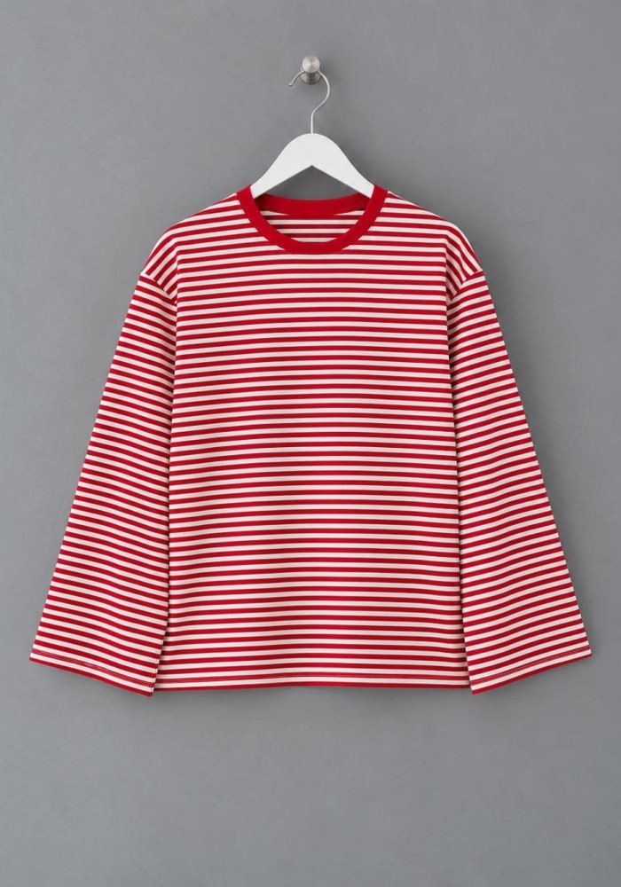 Şal Detaylı Çizgili Sweatshirt Kırmızı