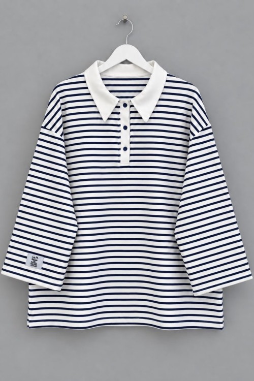 Salaş Polo Yaka Çizgili Sweatshirt Koyu Lacivert