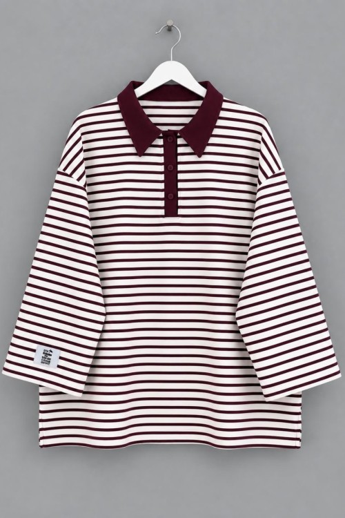 Salaş Polo Yaka Çizgili Sweatshirt Mürdüm