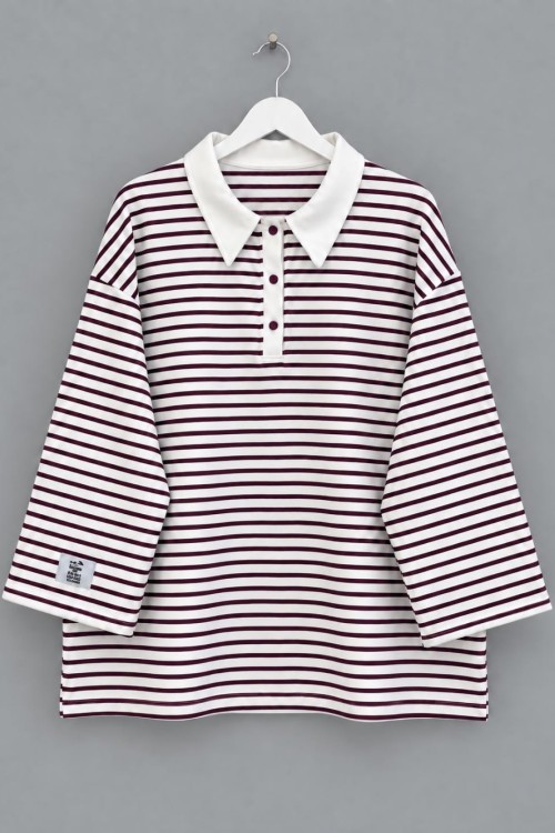 Salaş Polo Yaka Çizgili Sweatshirt Mürdüm