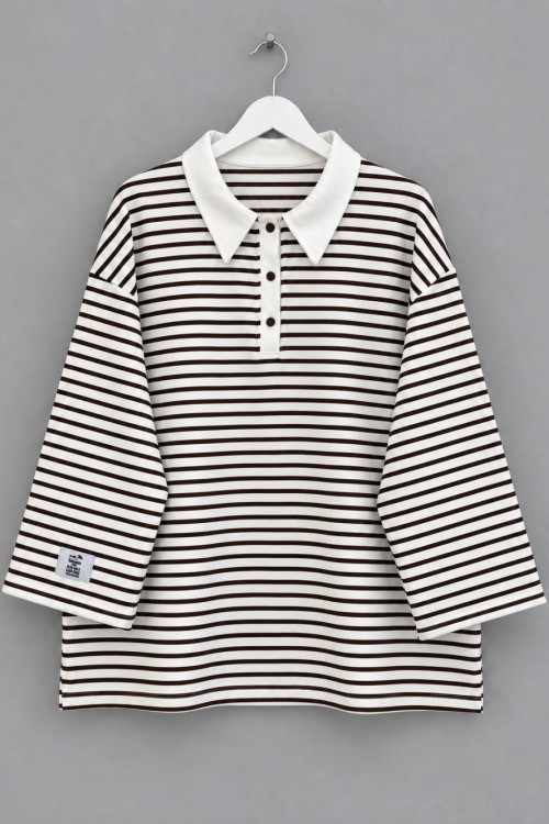 Salaş Polo Yaka Çizgili Sweatshirt Koyu Kahverengi