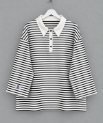 Salaş Polo Yaka Çizgili Sweatshirt Siyah