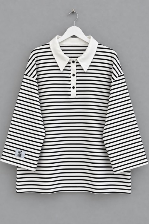 Salaş Polo Yaka Çizgili Sweatshirt Siyah