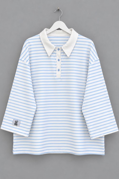 Salaş Polo Yaka Çizgili Sweatshirt Bebe Mavisi
