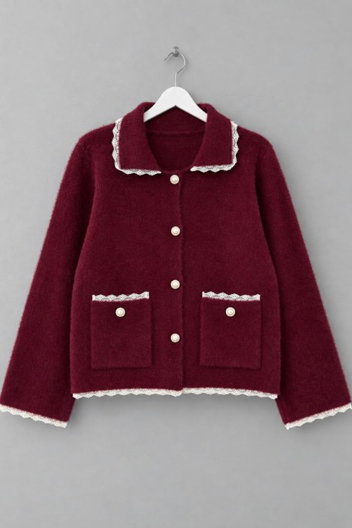 Güpür Detaylı Cepli Angora Hırka Bordo