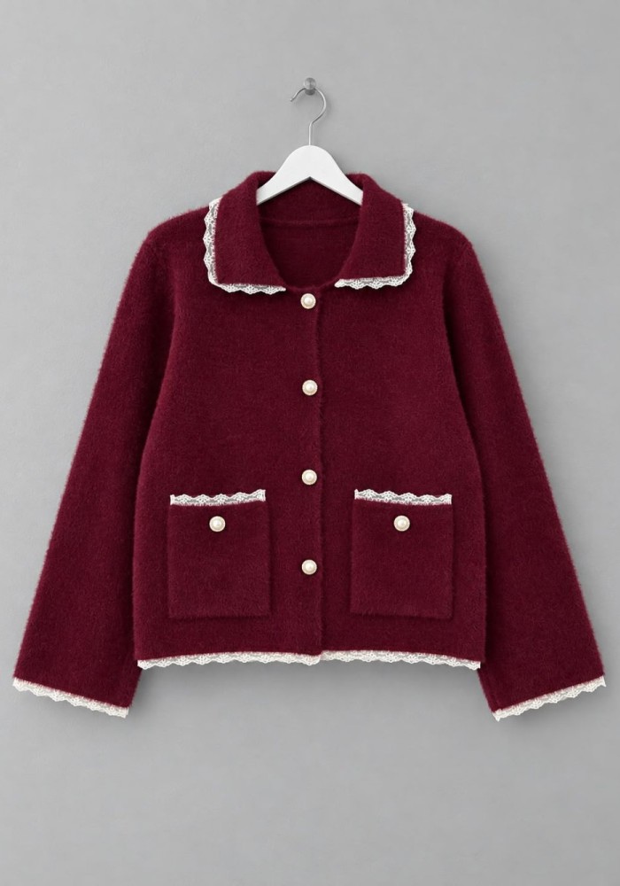 Güpür Detaylı Cepli Angora Hırka Bordo