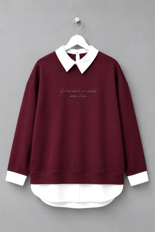 Gömlek Garnili Baskılı Sweatshirt Bordo