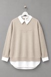 Gömlek Garnili Baskılı Sweatshirt Bej
