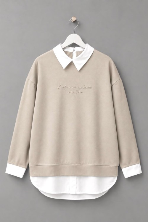 Gömlek Garnili Baskılı Sweatshirt Bej