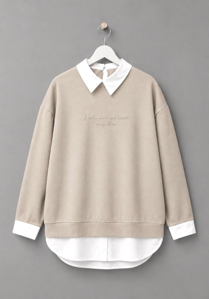Gömlek Garnili Baskılı Sweatshirt Bej