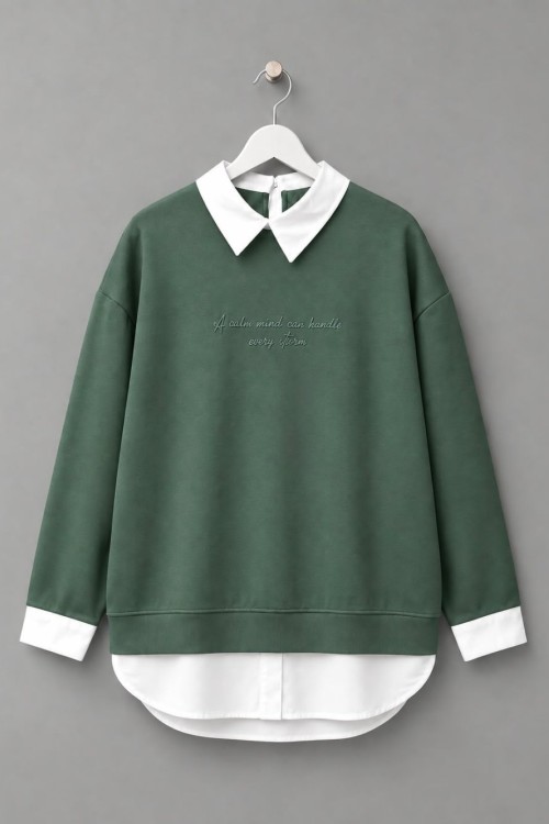 Gömlek Garnili Baskılı Sweatshirt Yeşil