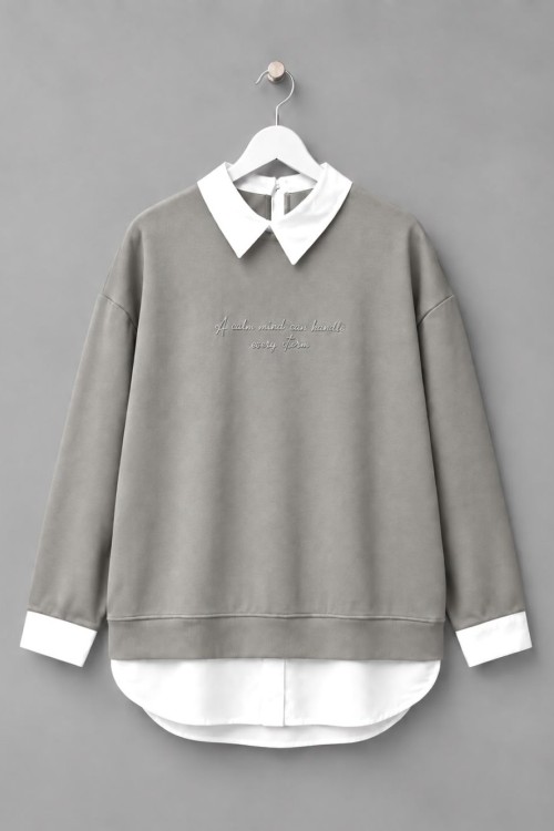 Gömlek Garnili Baskılı Sweatshirt Gri
