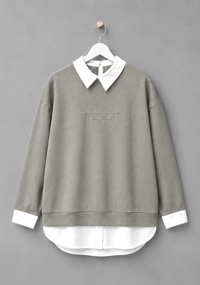 Gömlek Garnili Baskılı Sweatshirt Gri