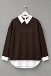 Gömlek Garnili Baskılı Sweatshirt Acı Kahve