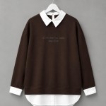 Gömlek Garnili Baskılı Sweatshirt Acı Kahve