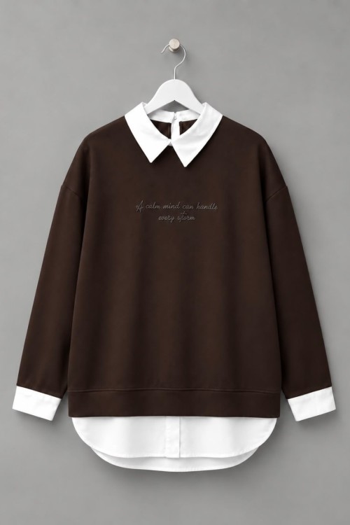Gömlek Garnili Baskılı Sweatshirt Acı Kahve