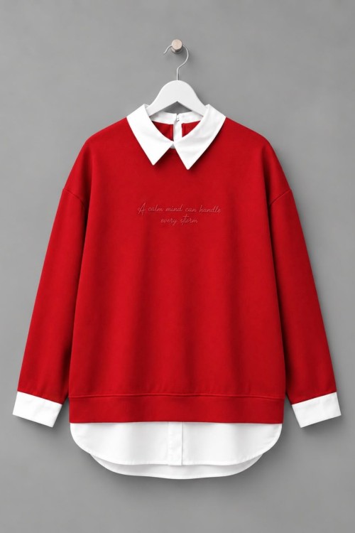 Gömlek Garnili Baskılı Sweatshirt Kırmızı