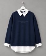 Gömlek Garnili Baskılı Sweatshirt Koyu Lacivert
