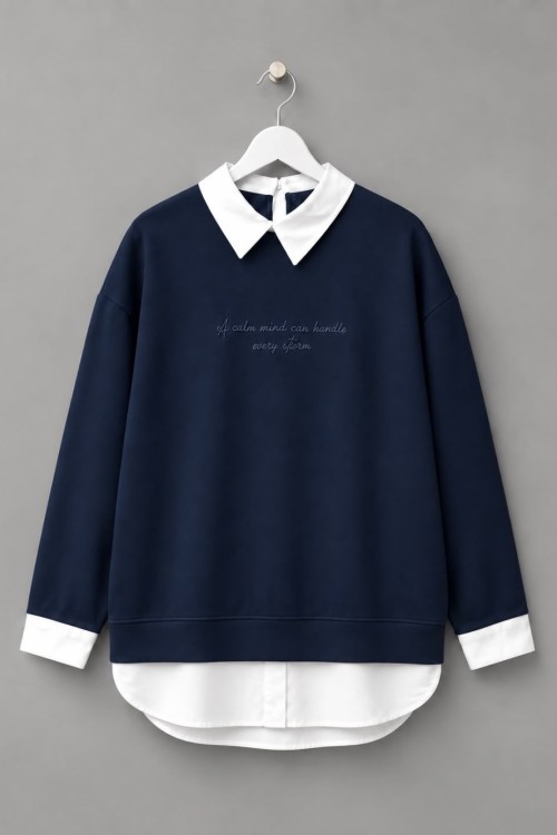 Gömlek Garnili Baskılı Sweatshirt Koyu Lacivert