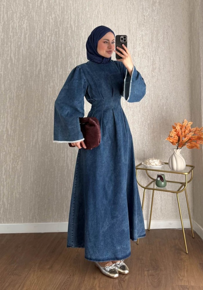 Çan Kol Pensli Denim Elbise Kot Mavisi
