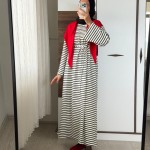 Çizgili Şal Detaylı Salaş Elbise Siyah