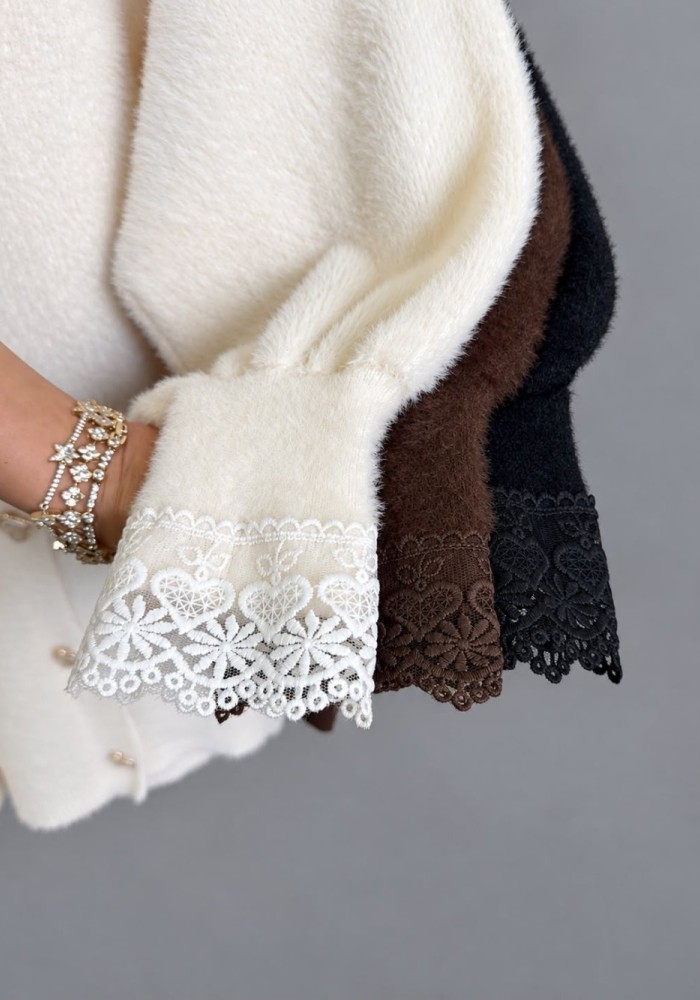 Dantel Detaylı Angora Hırka Acı Kahve