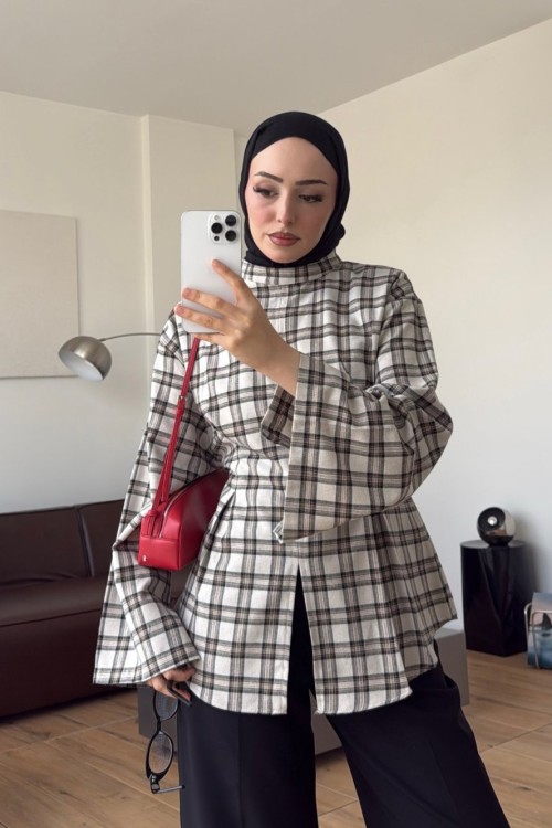 Önü Yırtmaçlı Ekose Bluz Taş