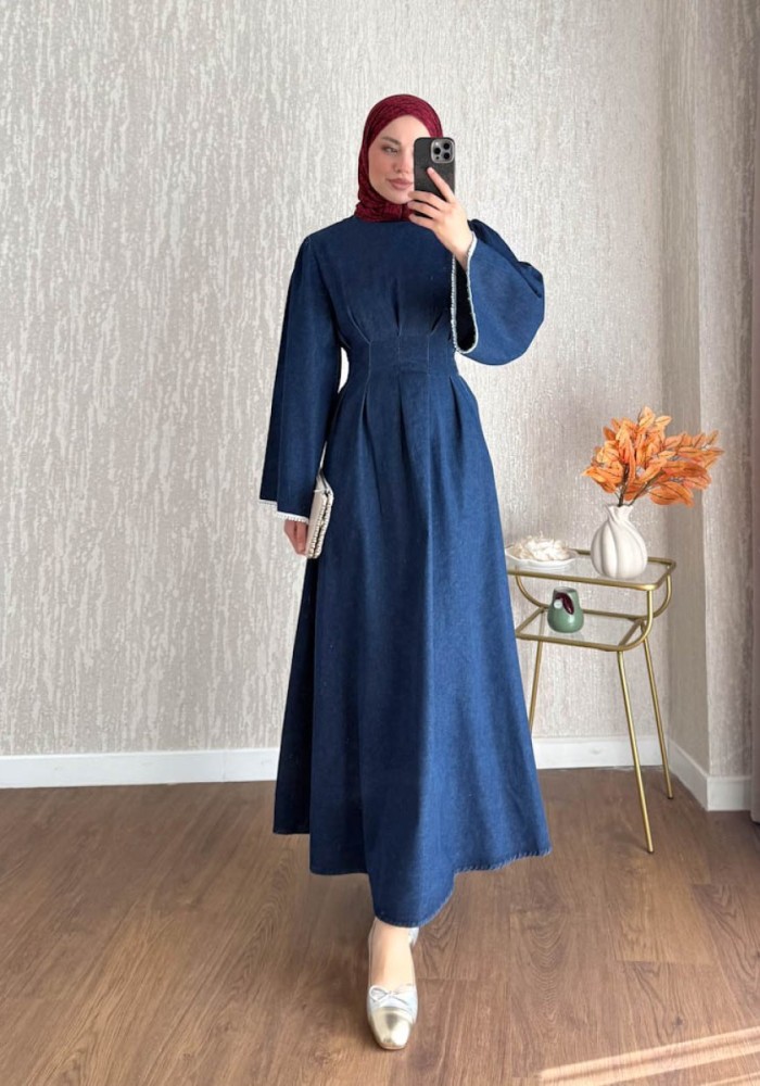Çan Kol Pensli Denim Elbise Lacivert