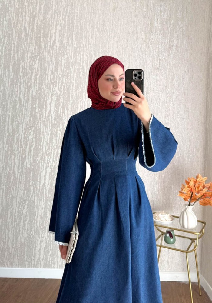 Çan Kol Pensli Denim Elbise Lacivert