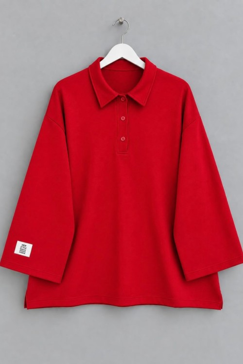 Yakalı Oysh Oversize Sweatshirt Kırmızı