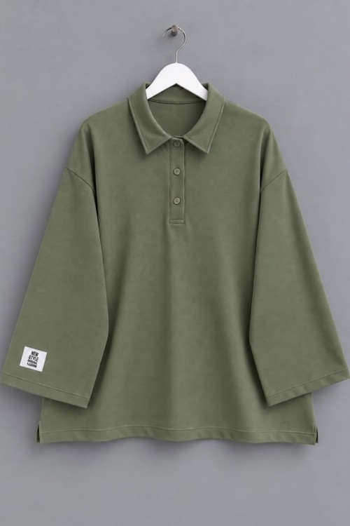 Yakalı Oysh Oversize Sweatshirt Haki