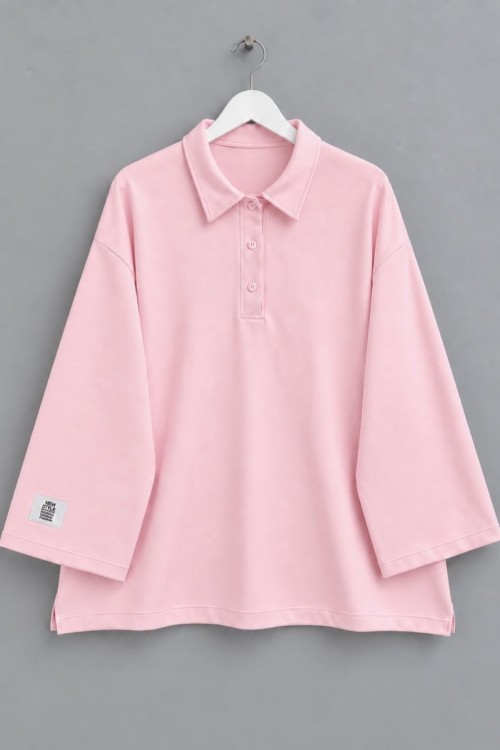 Yakalı Oysh Oversize Sweatshirt Pembe