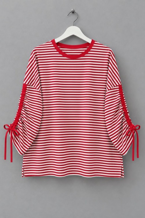 Kolu Büzgülü Çizgili Sweatshirt Kırmızı