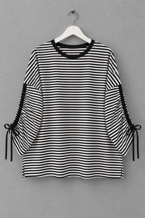 Kolu Büzgülü Çizgili Sweatshirt Siyah