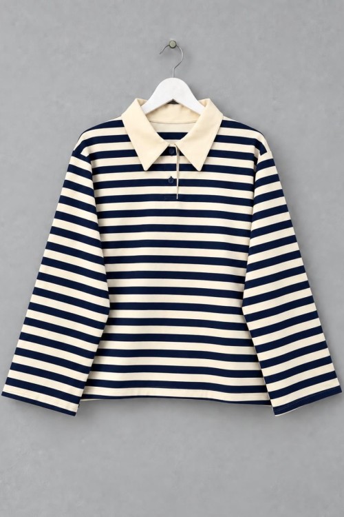 Kalın Çizgili Yakalı Sweatshirt Krem