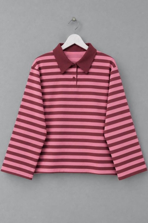 Kalın Çizgili Yakalı Sweatshirt Koyu Gül Kurusu