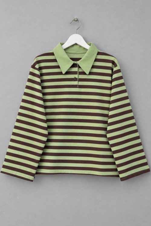 Kalın Çizgili Yakalı Sweatshirt Yeşil