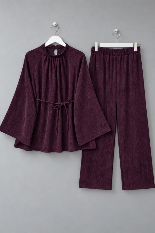 Casual Pantolonlu Kadife Takım Mürdüm