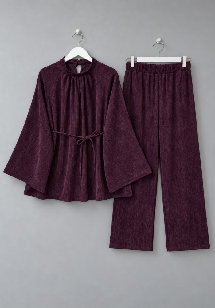 Casual Pantolonlu Kadife Takım Mürdüm