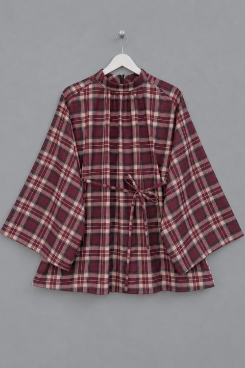 Oversize Hakim Yaka Ekose Bluz Bordo