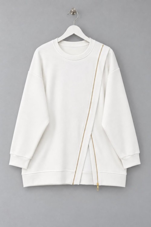 Asimetrik Fermuar Detaylı Sweatshirt Ekru