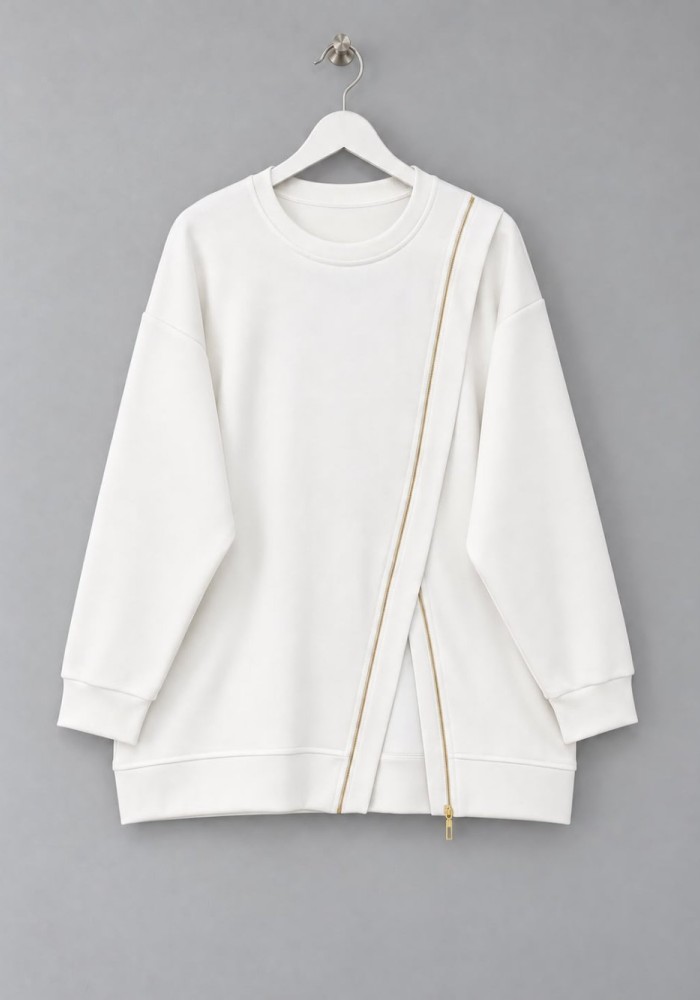 Asimetrik Fermuar Detaylı Sweatshirt Ekru