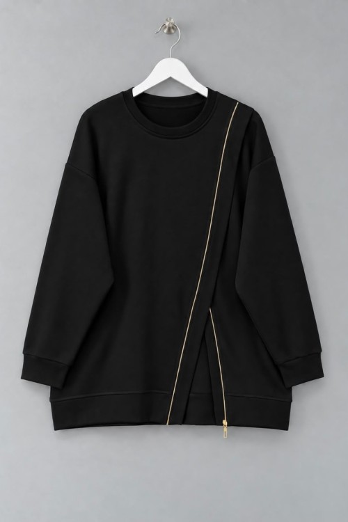 Asimetrik Fermuar Detaylı Sweatshirt Siyah