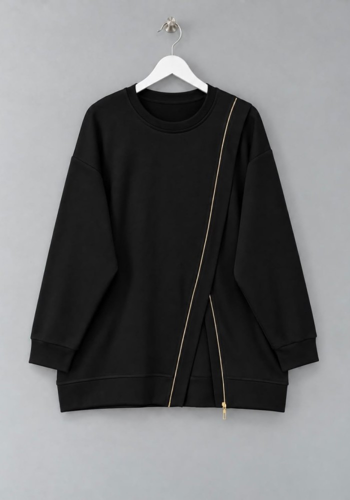 Asimetrik Fermuar Detaylı Sweatshirt Siyah