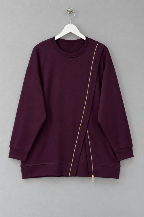 Asimetrik Fermuar Detaylı Sweatshirt Mürdüm
