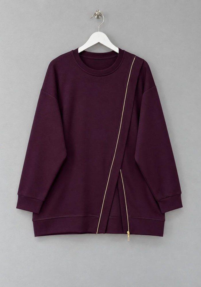 Asimetrik Fermuar Detaylı Sweatshirt Mürdüm