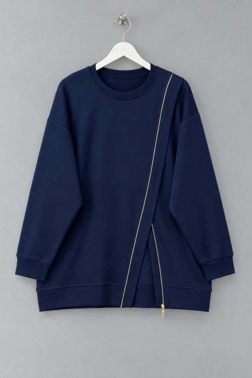 Asimetrik Fermuar Detaylı Sweatshirt Lacivert