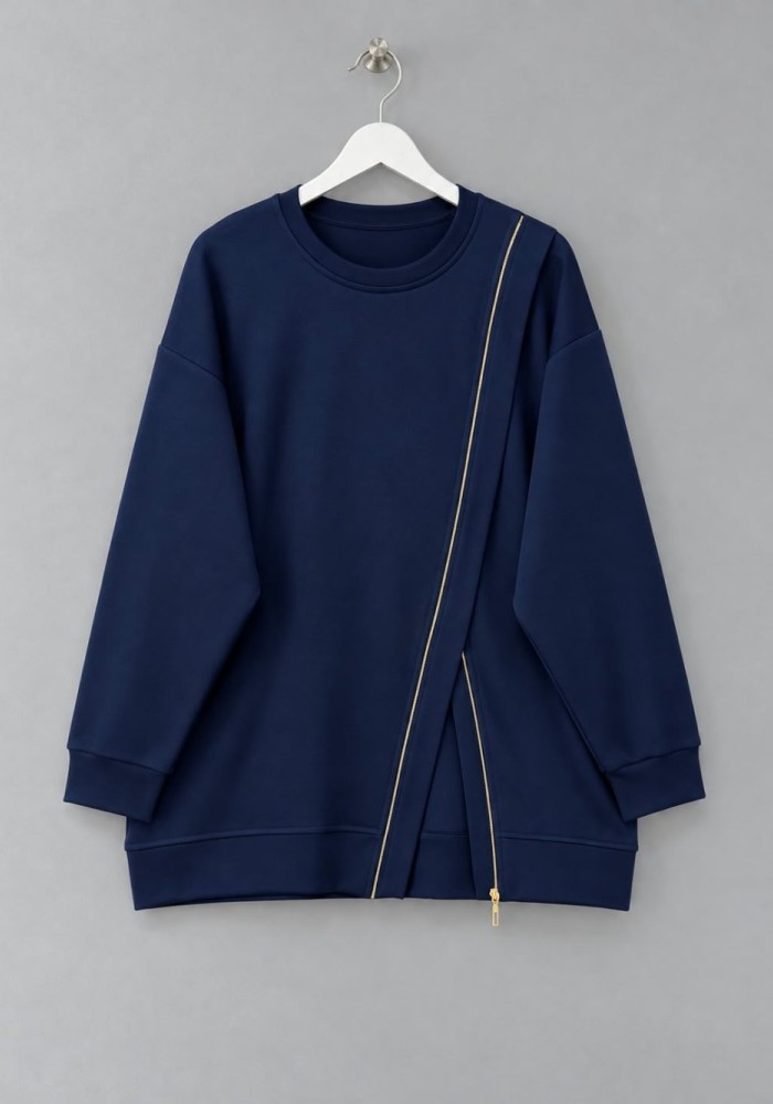 Asimetrik Fermuar Detaylı Sweatshirt Lacivert