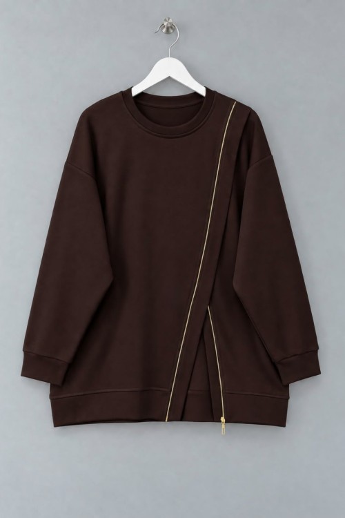 Asimetrik Fermuar Detaylı Sweatshirt Koyu Kahverengi