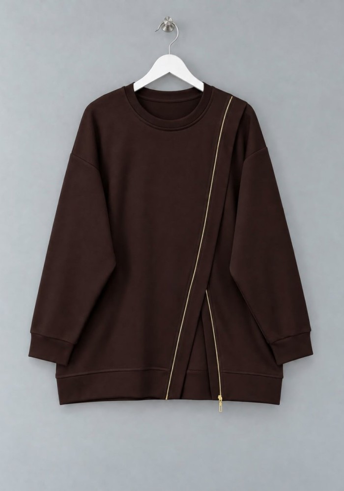 Asimetrik Fermuar Detaylı Sweatshirt Koyu Kahverengi